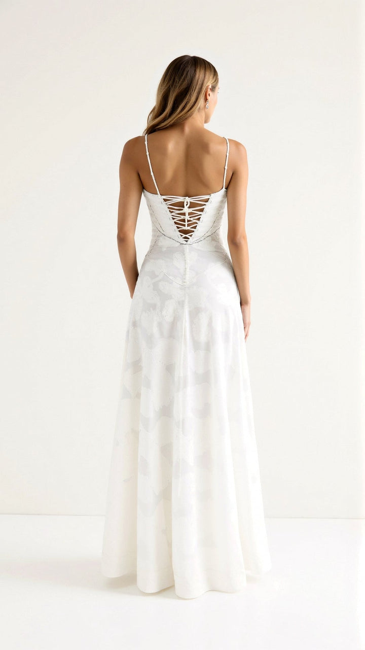 Structured elegant women's maxi dress with straps, a chic evening gown for formal events.