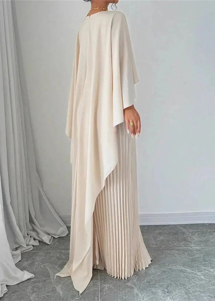 Flowy women's pleated maxi dress with elegant cape overlay & crew neck, ideal for wedding guests or formal galas.