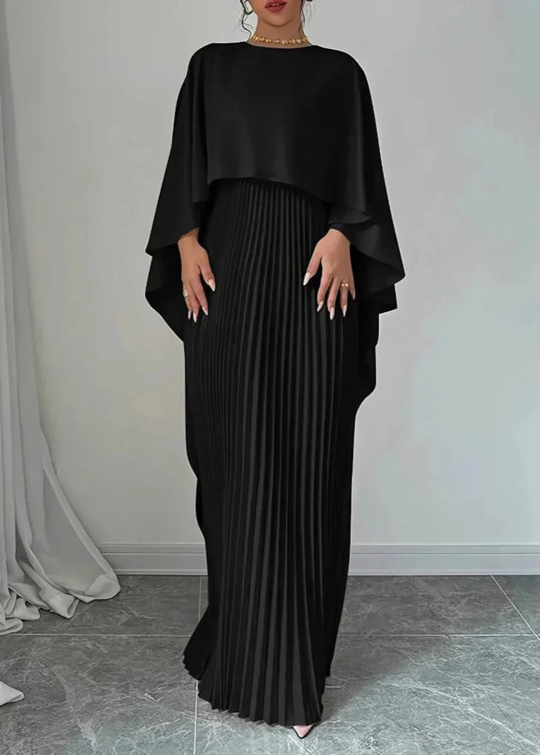 Formal women's cape overlay pleated maxi dress, an elegant long gown for special occasions, evening wear, or parties.
