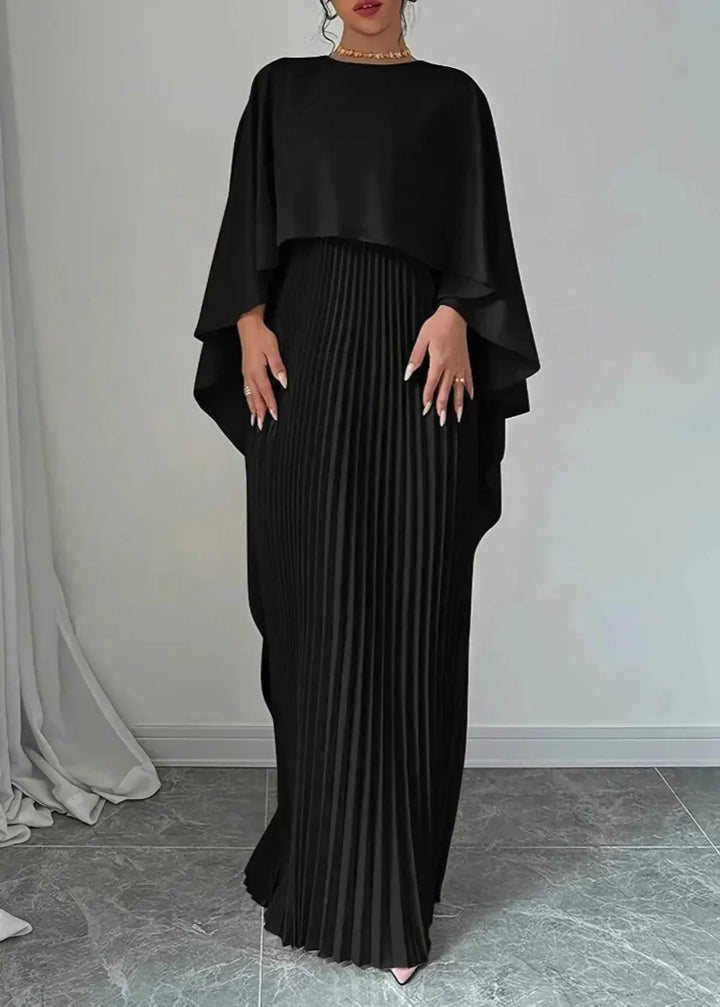 Formal women's cape overlay pleated maxi dress, an elegant long gown for special occasions, evening wear, or parties.