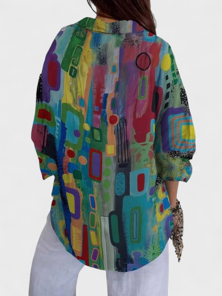Stylish women's long sleeve geometric pattern blouse, a versatile top for formal wear, office, or everyday comfort.