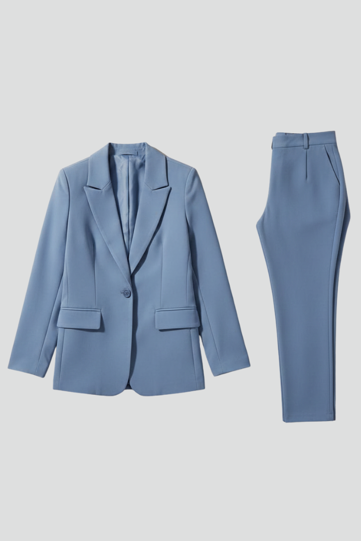 Women's elegant blue blazer & tailored trousers suit set for professional office wear. Business formal attire.