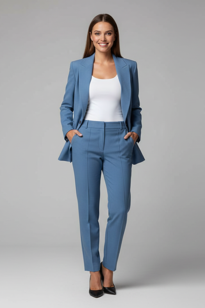 Professional women's blue blazer and trousers suit set. Perfect formal business attire for career wear.
