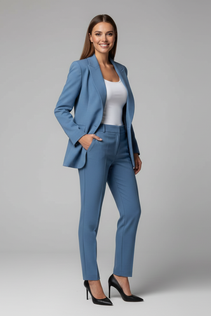 Elegant women's tailored blue blazer & trousers suit. Stylish professional office outfit for ladies fashion.