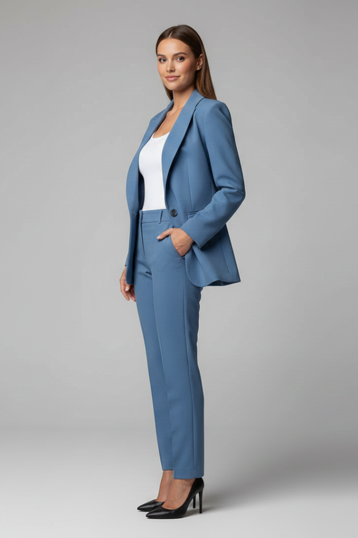 Women's blue blazer & tailored trousers suit. Smart business casual or formal set for professional meetings.