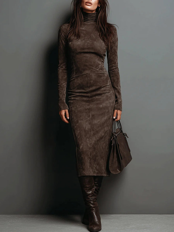 Women's elegant bodycon bandage midi dress with long sleeves & turtleneck, perfect for evening events & parties.
