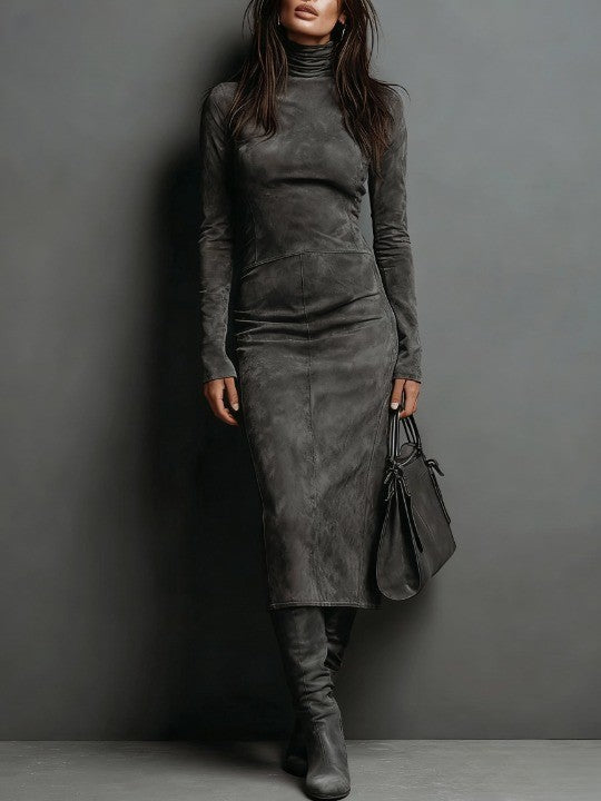 Chic women's formal bandage midi dress. Sophisticated bodycon design, long sleeve turtleneck ideal for evening.