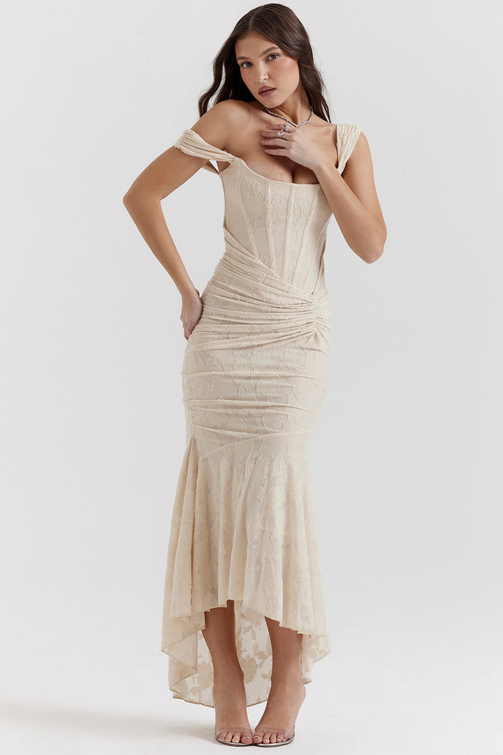 Chic women's party dress; bodycon fit, corset top, and elegant design for special occasions.