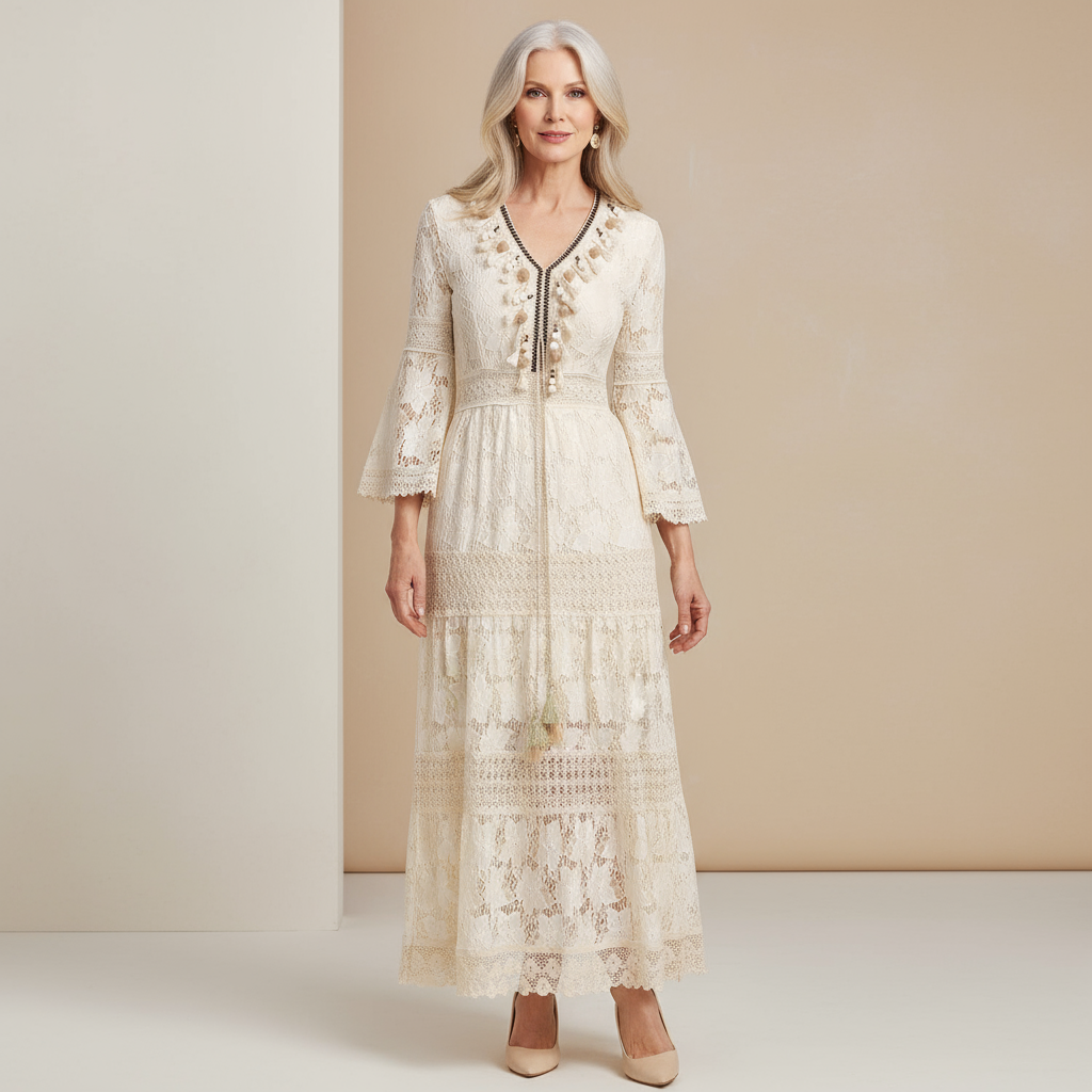 Women's elegant boho lace maxi dress with bell sleeves and tiered skirt, perfect for summer or special occasions.