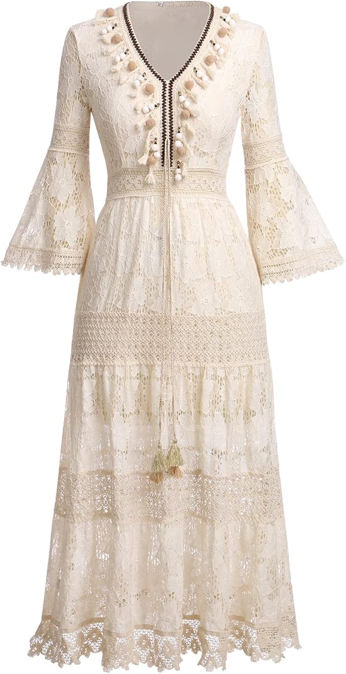 Flowy bohemian lace maxi dress for women, ideal for a beach vacation, summer party, or elegant special occasion.