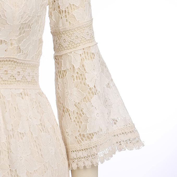 Women's elegant boho lace maxi dress with delicate bell sleeves and a flowy tiered skirt, perfect for summer.