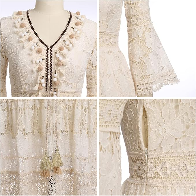 Comfortable and elegant women's boho lace maxi dress with a flowy tiered skirt, perfect for relaxed summer style.