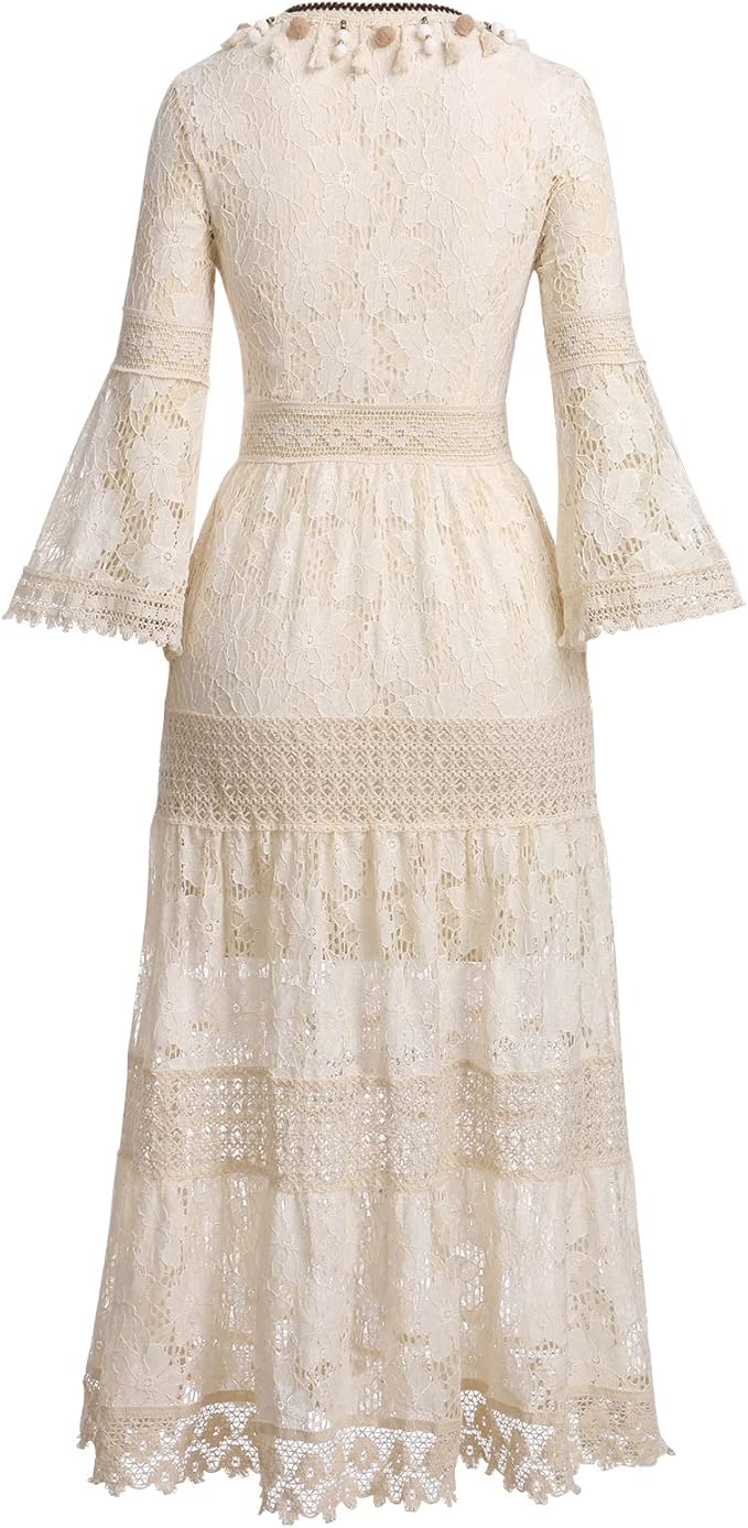 Stunning women's bohemian lace maxi dress, perfect as a beach cover-up or elegant vacation and resort wear.