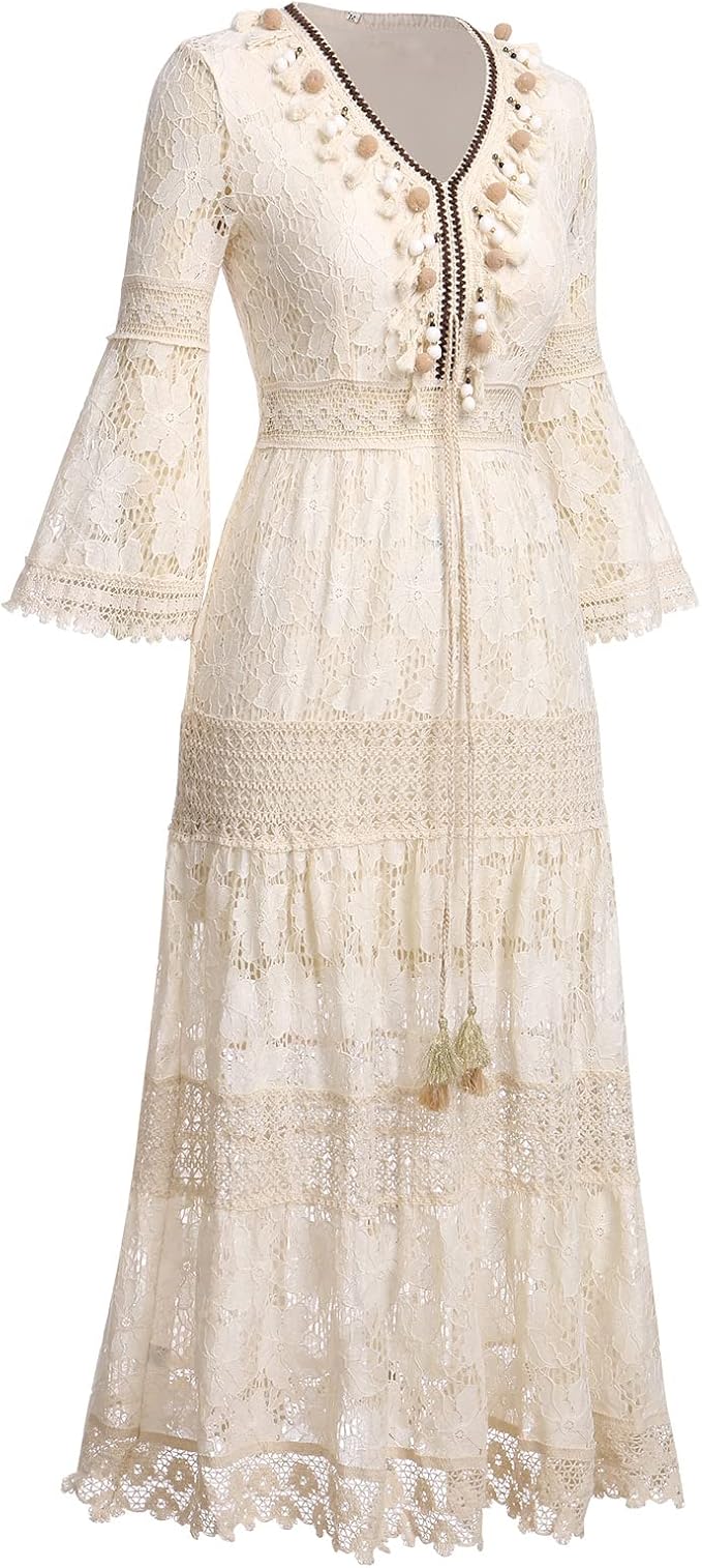 Enchanting women's boho lace maxi dress, a stylish and elegant choice for any special occasion or summer event.