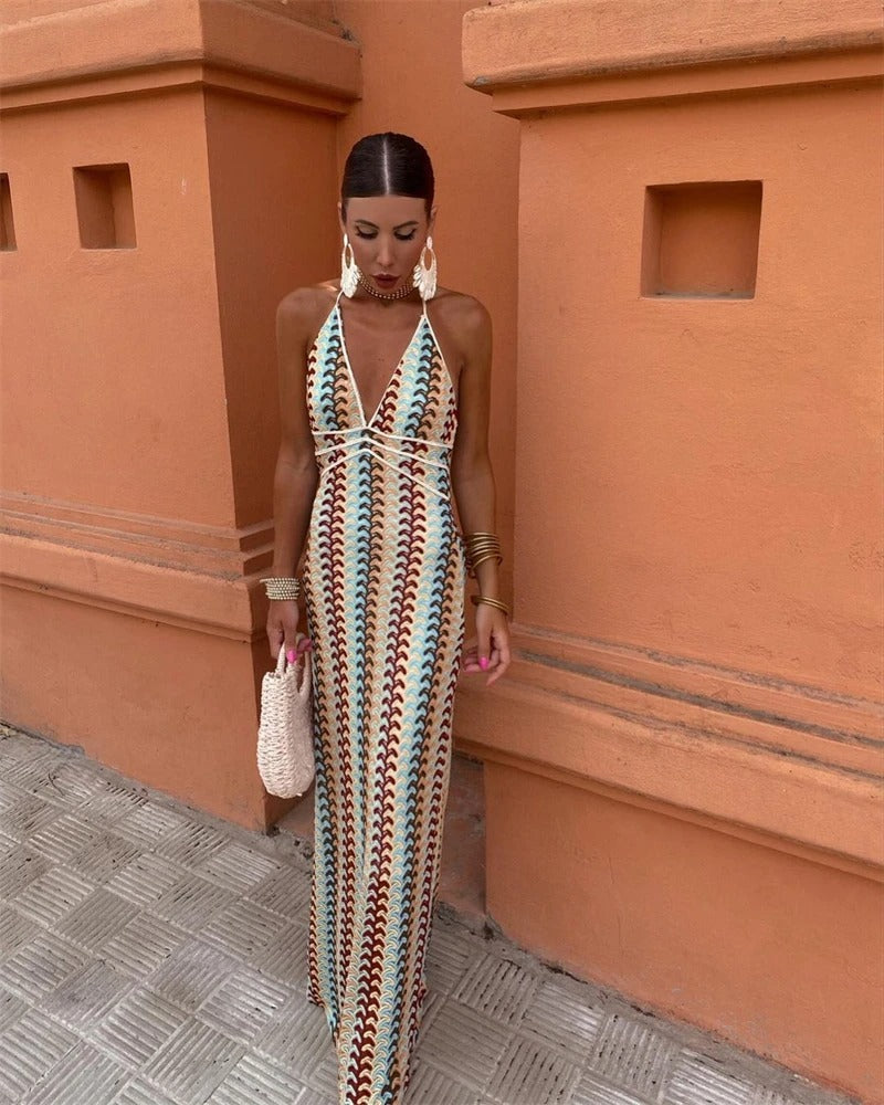 Chic printed V-neck maxi dress for women, an elegant vacation dress or stylish wedding guest attire.