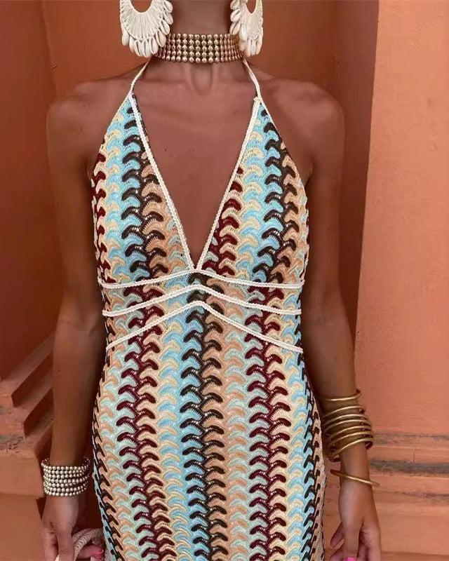 Boho printed maxi dress with a V-neck, ideal for women's summer special occasions or elegant wedding guests.