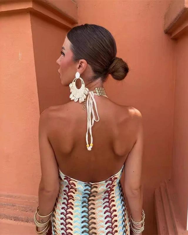V-neck boho printed maxi summer dress for women, elegant and perfect for vacation or special events.