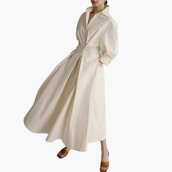 Long sleeve button-front shirt dress for women, tailored with a defined waist for a sophisticated look.