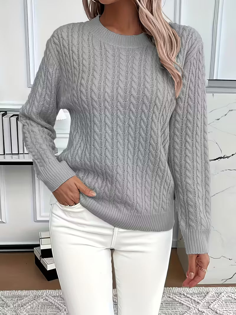 Soft, cozy cable knit crew neck women's jumper, ideal for cool autumn days & comfortable style.