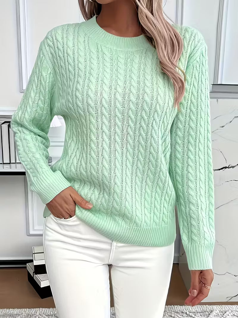 Textured cable knit crew neck women's sweater, a cozy top for autumn casual wear & relaxed fit.