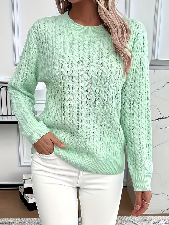 Textured cable knit crew neck women's sweater, a cozy top for autumn casual wear & relaxed fit.