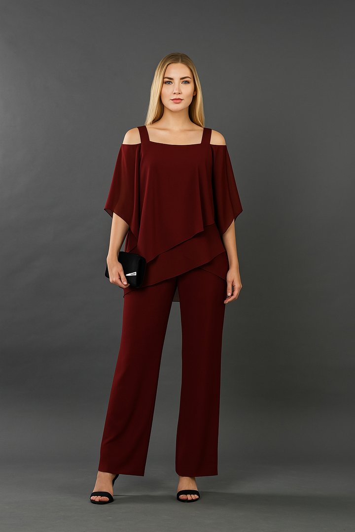 Women's elegant cold-shoulder two-piece pants set, perfect for chic events and parties.