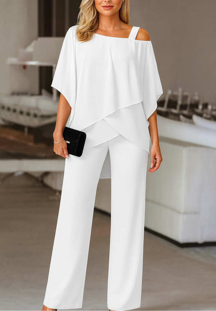 Elegant women's cold-shoulder top and matching pants set, a comfortable and fashionable two-piece ensemble.