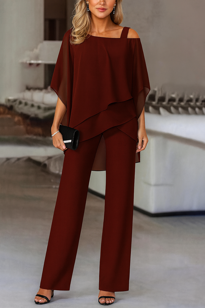 Elegant women's cold-shoulder two-piece pants set, a chic ensemble for party wear, events, or stylish vacations.