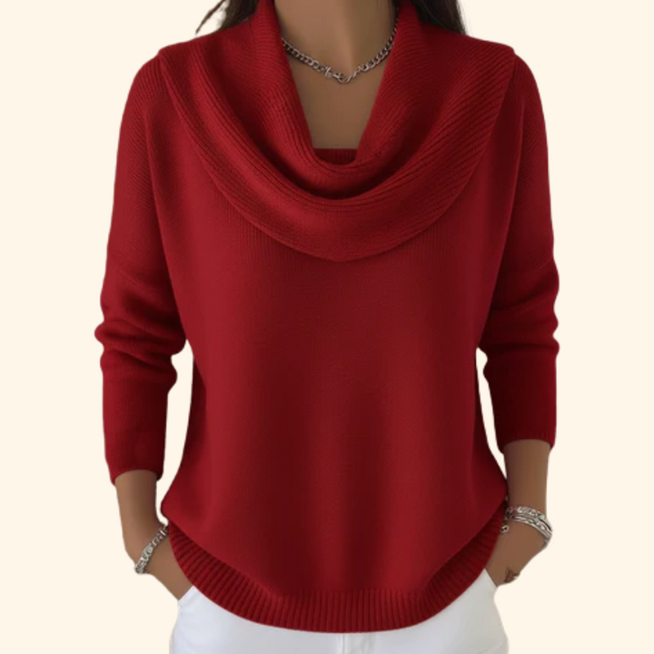Women's elegant cowl neck sweater with draped collar & long sleeves. Perfect cozy winter or fall fashion.