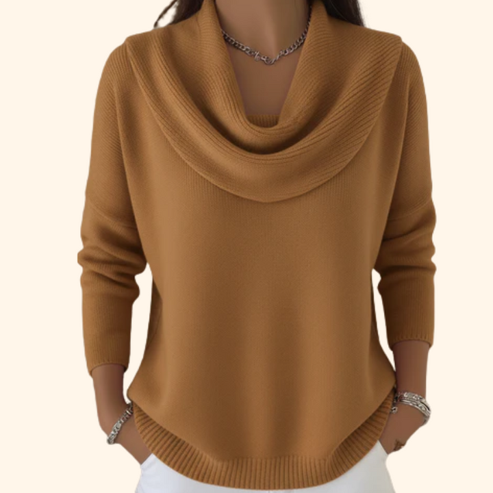 Relaxed fit women's cowl neck jumper featuring a stylish draped collar and hi-lo hem for versatile fall fashion.
