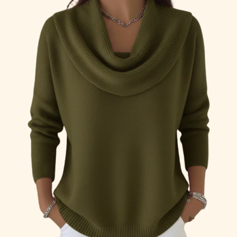 Cozy women's long sleeve cowl neck sweater, ideal for elegant fall fashion or comfortable everyday winter wear.