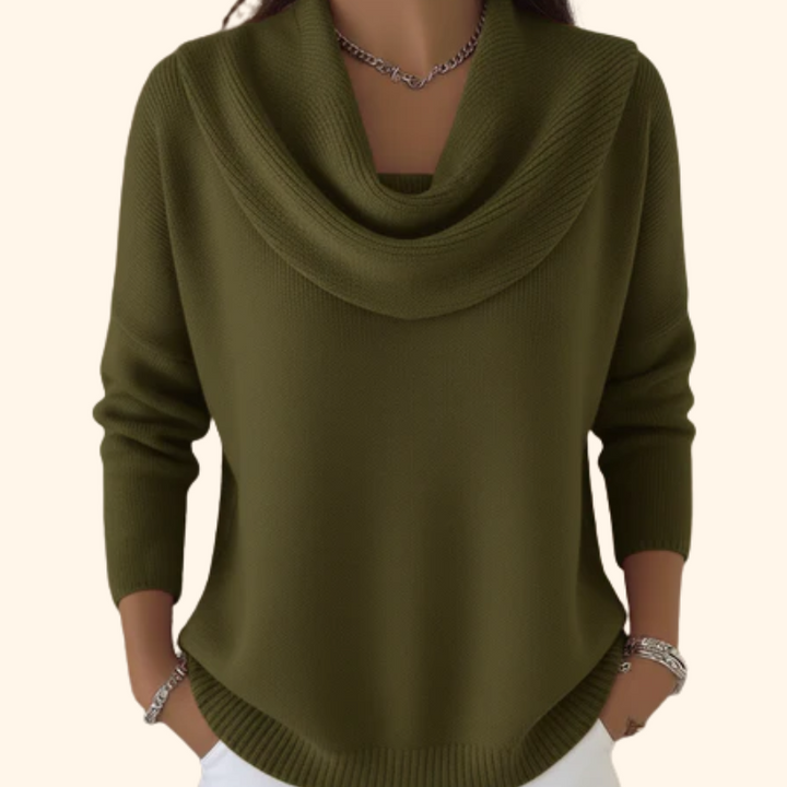 Cozy women's long sleeve cowl neck sweater, ideal for elegant fall fashion or comfortable everyday winter wear.