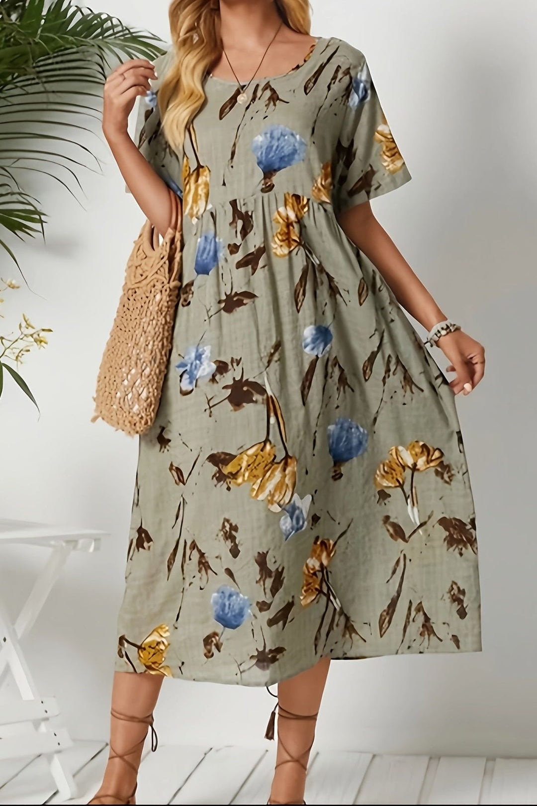 Women's elegant dark khaki floral print midi dress for spring & summer. Comfortable and feminine casual wear.