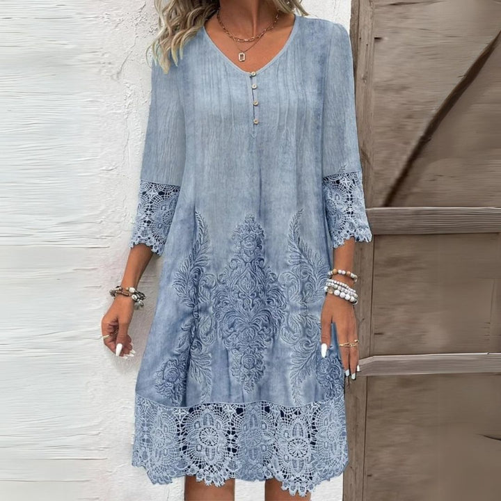 Women's elegant decorative midi shift dress with 3/4 sleeves, perfect for office or casual spring/fall wear.
