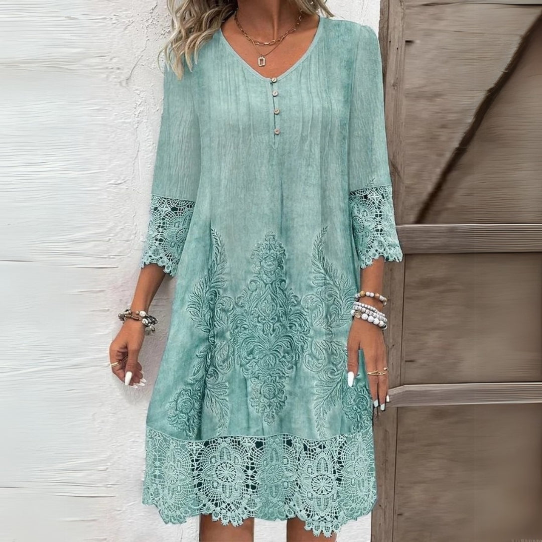 Sophisticated women's relaxed fit midi shift dress with 3/4 sleeves, versatile for daytime, casual, or office.