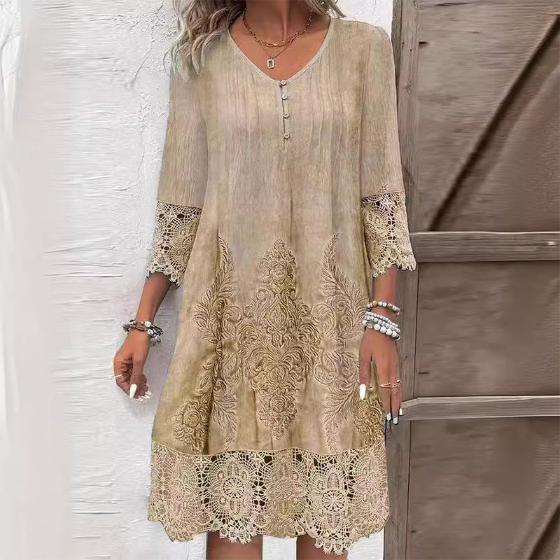 Decorative women's midi shift dress with 3/4 sleeves, offering an elegant & comfortable relaxed fit for any occasion.