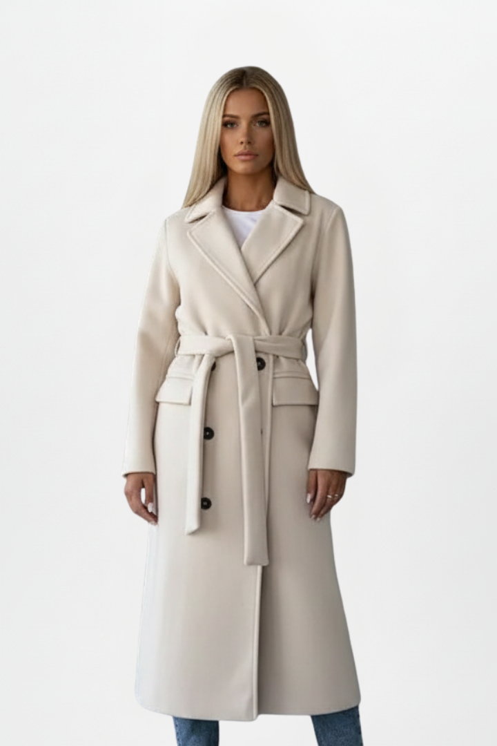 Women's elegant double-breasted long coat with a belted waist & notch collar, perfect for professional workwear.