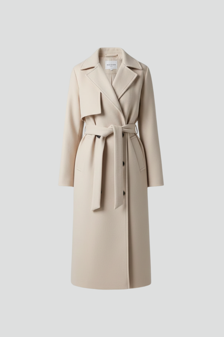 Stylish women's long winter coat. Features a double-breasted front, tailored fit & chic notch collar.