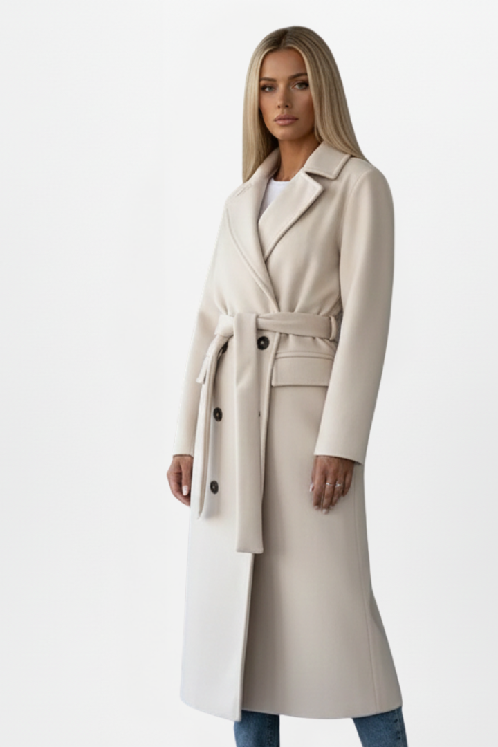 Professional women's belted long coat, double-breasted design & classic notch collar. Ideal for fall fashion.