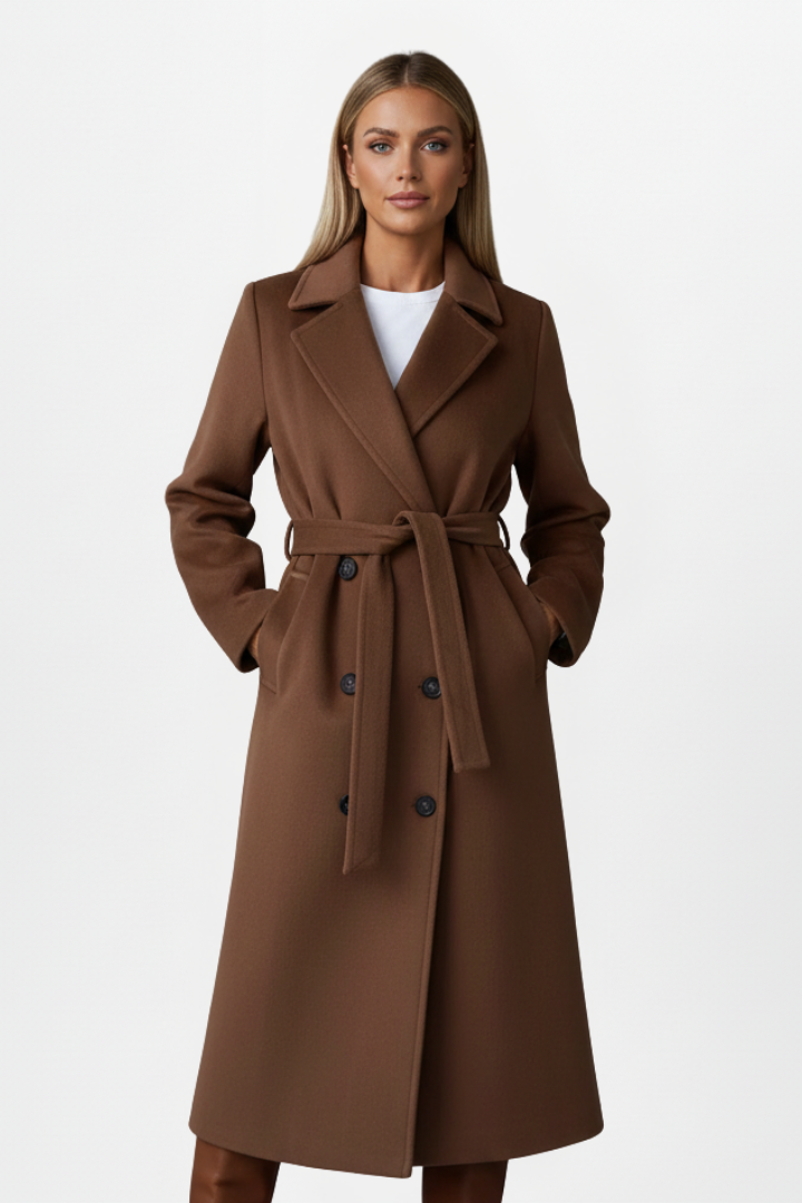 Elegant women's winter long coat. Features a double-breasted closure, adjustable belt & classic notch collar.