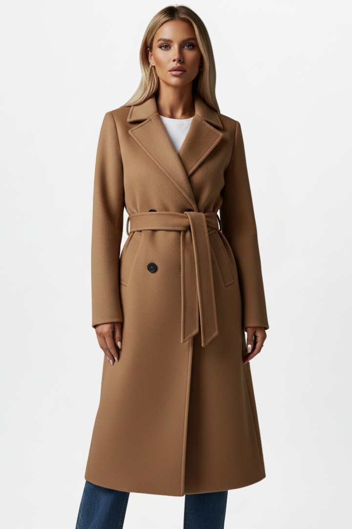 Stylish women's tailored long coat with a double-breasted front, elegant belt, and a refined notch collar.