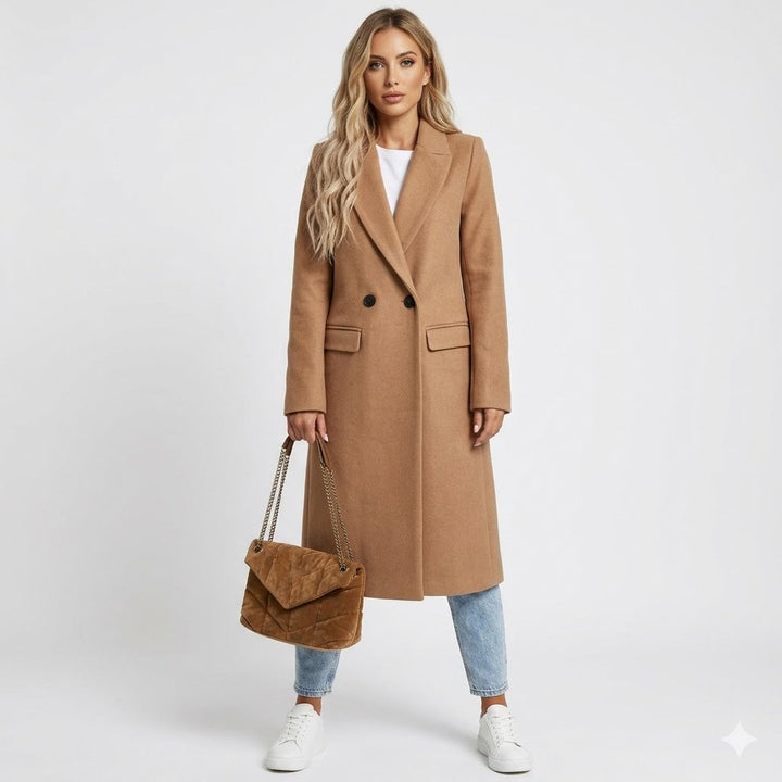Women's elegant double-breasted long trench coat with classic lapel collar for formal winter wear.