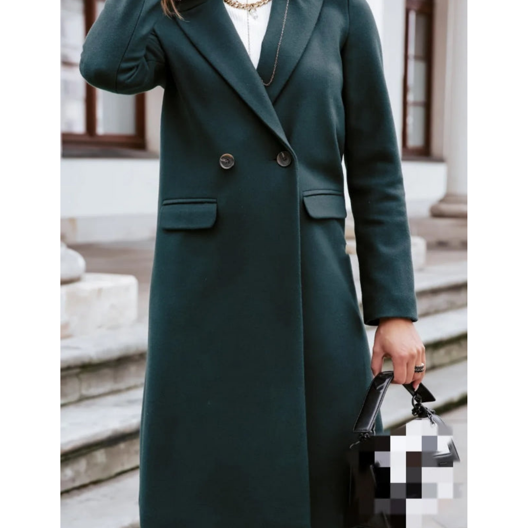 Classic women's long coat featuring a double-breasted front and elegant lapel collar, ideal for professional style.