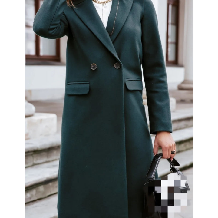 Classic women's long coat featuring a double-breasted front and elegant lapel collar, ideal for professional style.