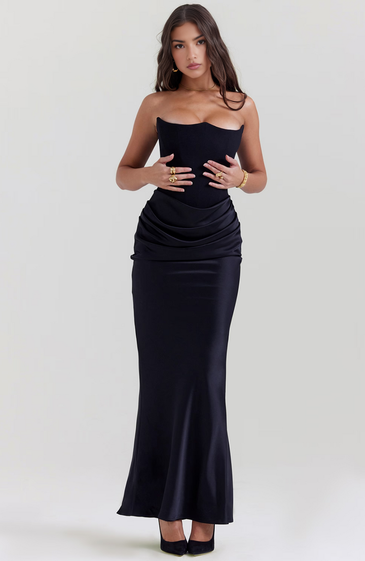 Women's strapless party dress, featuring a flattering draped fit.