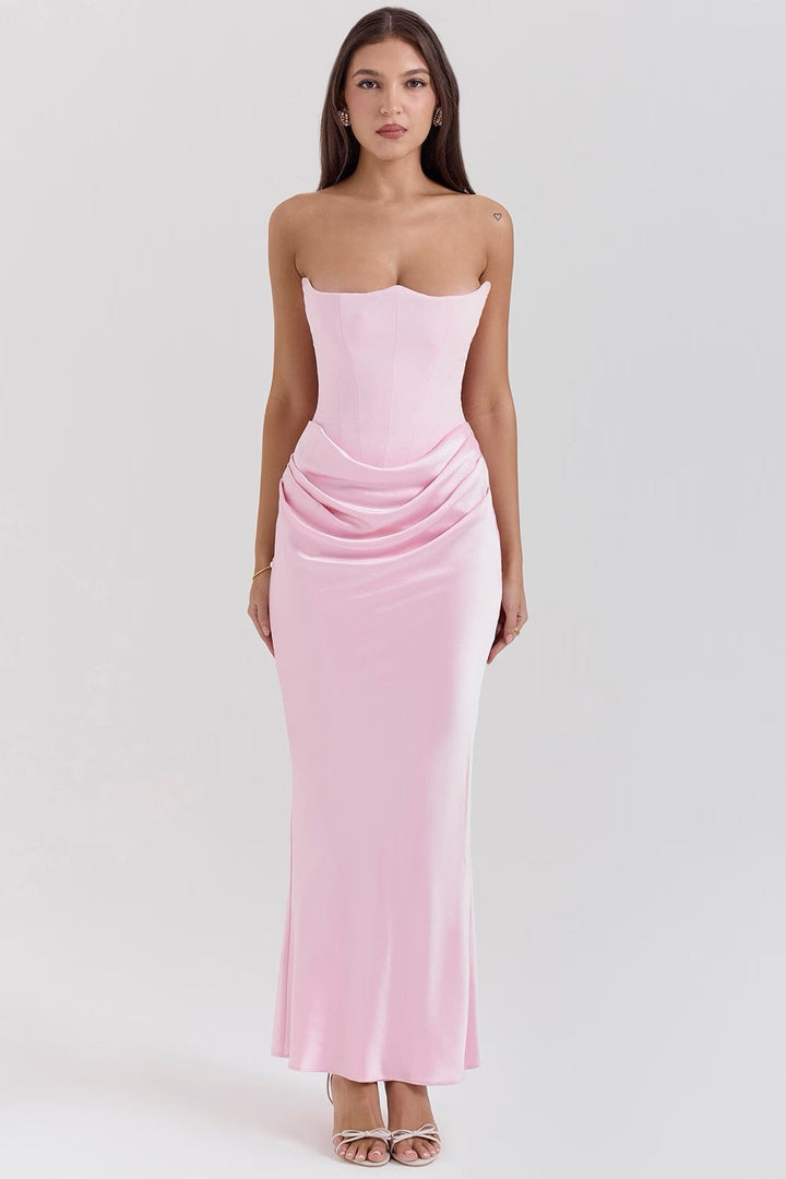 Fitted column silhouette strapless prom dress for women.
