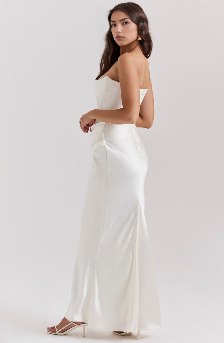 Draped strapless prom dress, an elegant column gown for women.
