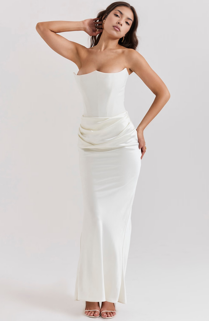 Women's special occasion strapless party dress, column draped.