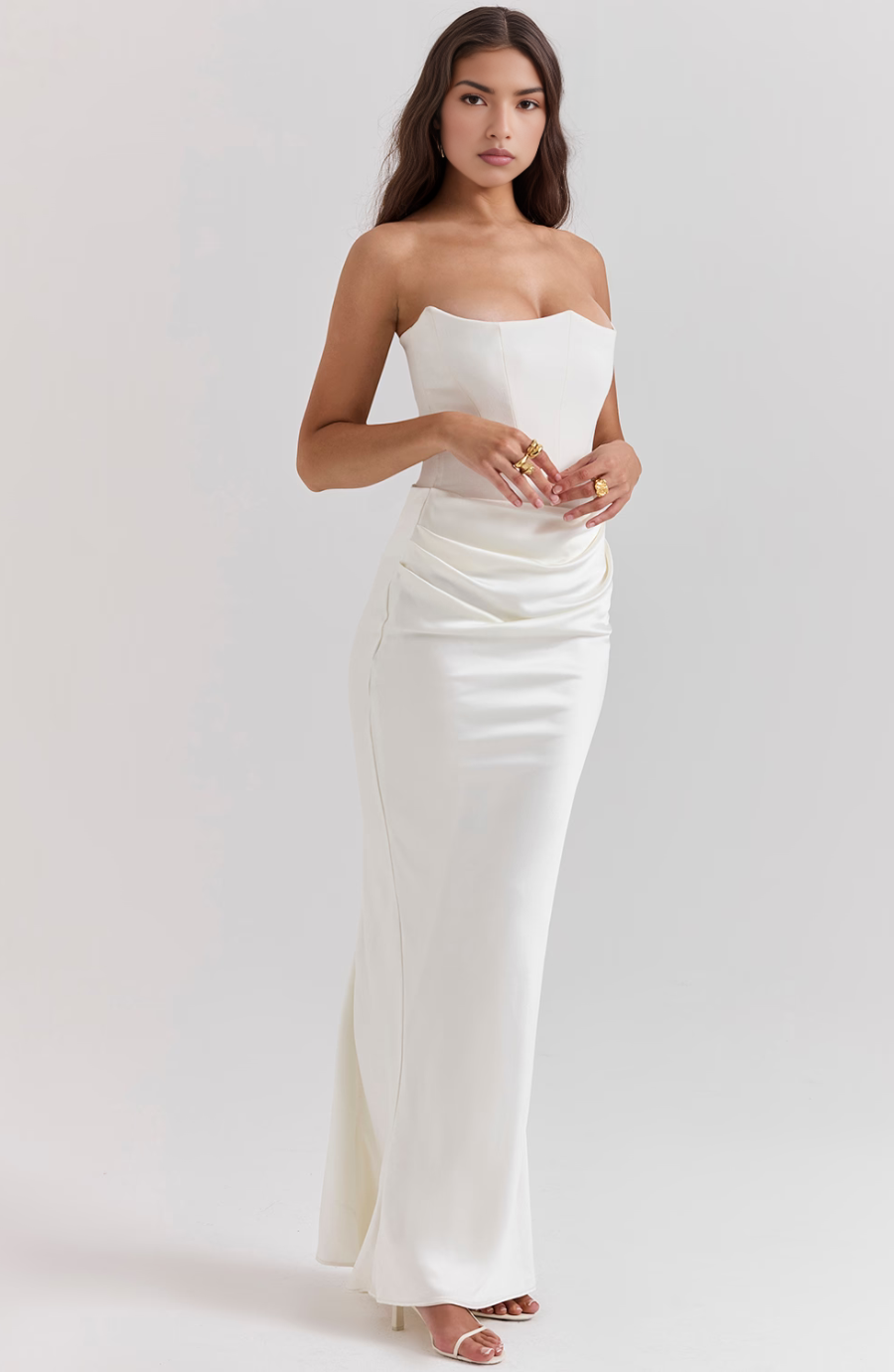Draped column strapless prom dress for women's evening wear.
