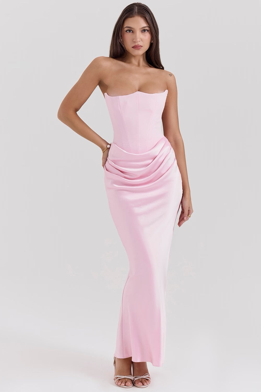 Draped formal gown, perfect for an evening party.